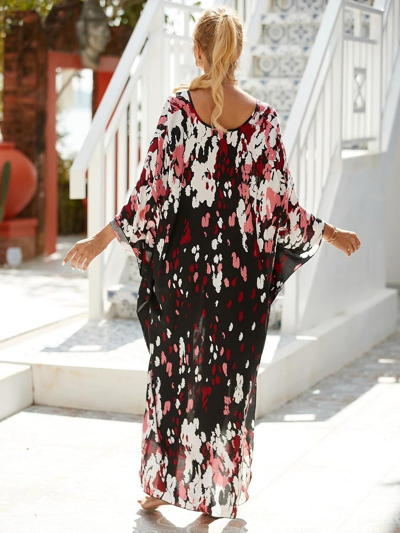 IMAGEKOPE Women's Plus Size Animal Print V-Neck Batwing Kaftan Beach Dress Bathing Suit Cover-Up Loungewear - Image 4